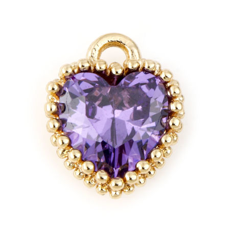 Bild von Februar Geburtsstein-Charms aus Messing, Herz, Echtgold plattiert, lila Zirkonia, 8 mm x 6 mm, 2 Stk