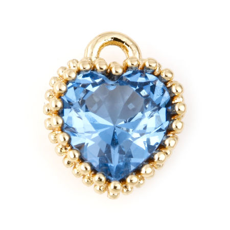 Bild von März Messing Geburtsstein Charms Herz Echtgold plattiert Aquablau Zirkonia 8 mm x 6 mm, 2 Stück