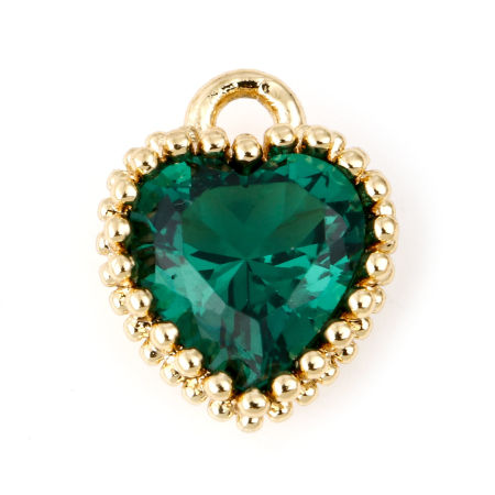 Picture of May Brass Birthstone Charms Heart Real Gold Plated Emerald Cubic Zirconia 8mm x 6mm, 2 PCs