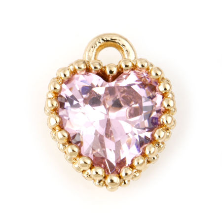 Bild von Oktober Geburtsstein-Charms aus Messing, Herz, Echtgold plattiert, hellrosa Zirkonia, 8 mm x 6 mm, 2 Stk