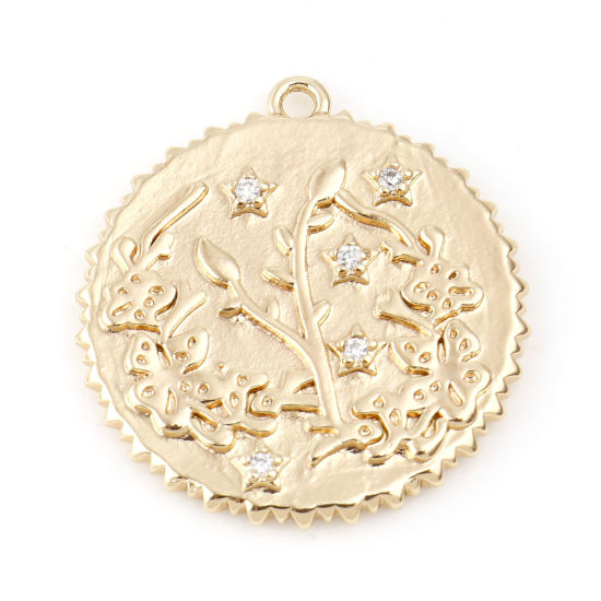 Изображение Латунь Месяц рождения цветок Подвески Круглые настоящее золото с покрытием Сакура Прозрачный Искусственный Циркон 23мм x 22мм, 2 ШТ