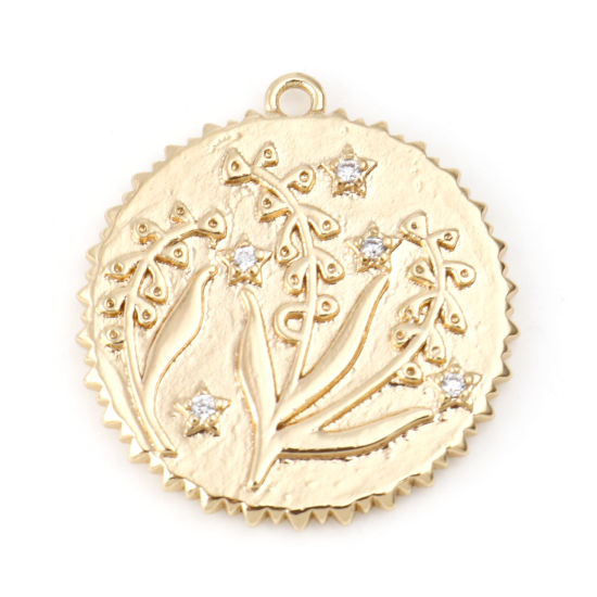 Изображение Латунь Месяц рождения цветок Подвески Круглые настоящее золото с покрытием Ландыш Прозрачный Искусственный Циркон 23мм x 22мм, 2 ШТ