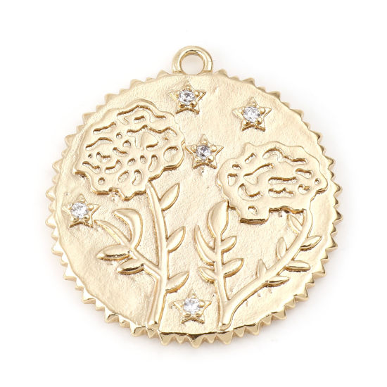 Изображение Латунь Месяц рождения цветок Подвески Круглые настоящее золото с покрытием ноготки Прозрачный Искусственный Циркон 23мм x 22мм, 2 ШТ