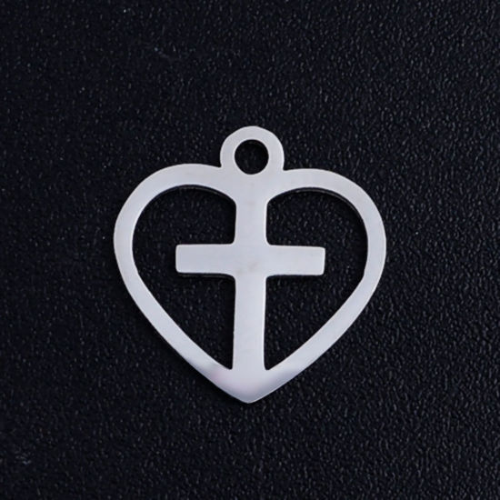 Изображение Нержавеющая Сталь День святого Валентина День святого Валентина Подвески Сердце Серебряный Тон Крест ажурная резьба 12мм Диаметр, 5 ШТ