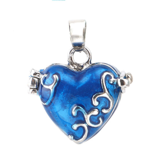 Picture of 1 Piece Brass Charm Pendant Mexican Angel Caller Bola Harmony Ball Wish Box Locket Carved Pattern Silver Tone Blue Can Open 25x21mm - 22x21mm