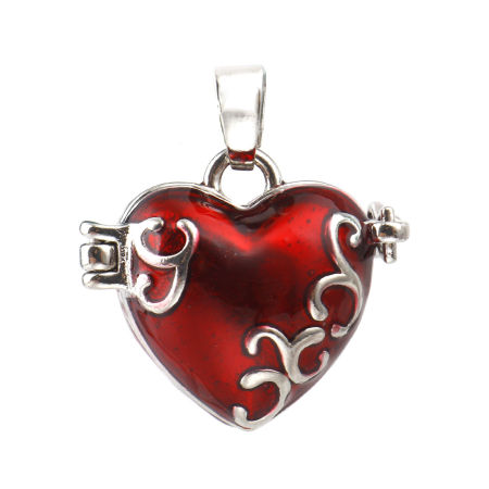 Picture of 1 Piece Brass Charm Pendant Mexican Angel Caller Bola Harmony Ball Wish Box Locket Carved Pattern Silver Tone Red Can Open 25x21mm - 22x21mm