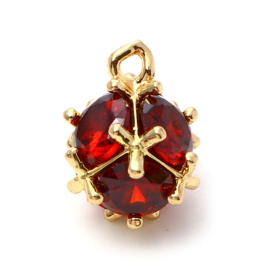 真鍮 チャーム 金メッキ キューブ 赤ワイン色 ジルコン 14mm x 11mm、 1 個 の画像
