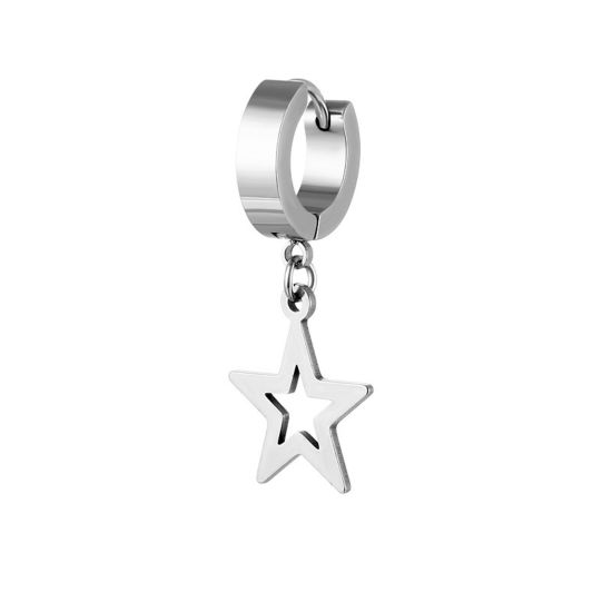 Picture of Stainless Steel Galaxy Hoop Earrings Silver Tone Round Pentagram Star 29mm, Post/ Wire Size: (18 gauge), 2 PCs