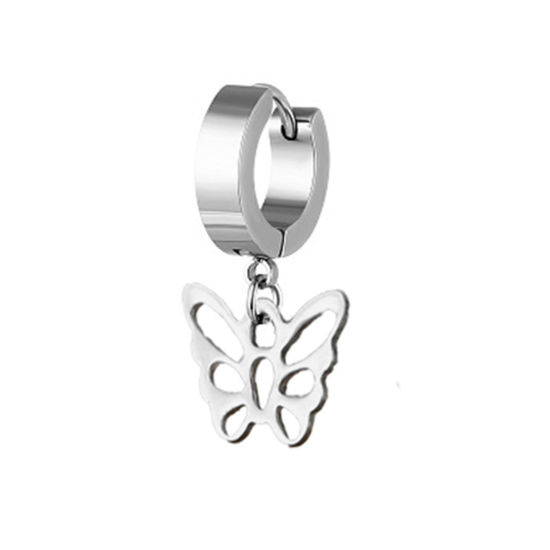 Picture of Stainless Steel Insect Hoop Earrings Silver Tone Round Butterfly 29mm, Post/ Wire Size: (18 gauge), 2 PCs