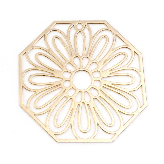 Immagine di Lega di Ferro Filigree Stamping Ciondoli Ottagono KC Placcato Oro Fiore 3.6cm x 3.6cm , 10 Pz