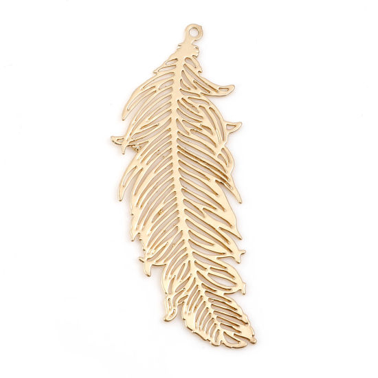 Picture of Iron Based Alloy Filigree Stamping Pendants KC Gold Plated Feather 4.1cm x 1.6cm, 20 PCs