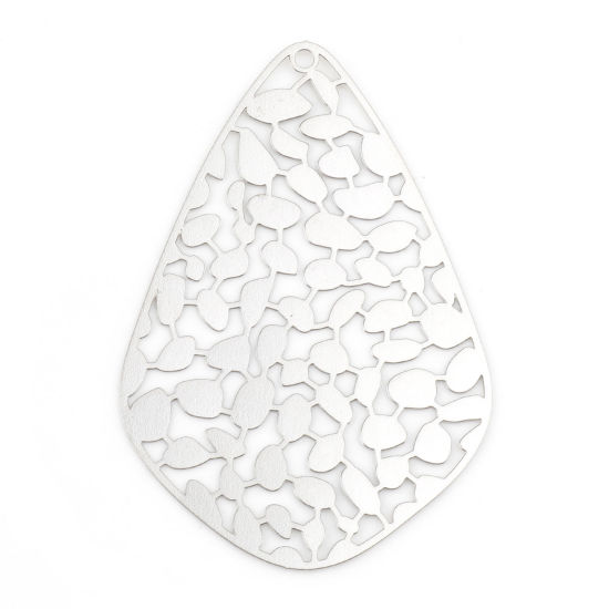Imagen de Hierro Filigrana Estampación Colgantes Gota Tono de Plata 5.3cm x 3.6cm, 5 Unidades