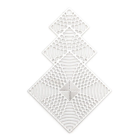 Immagine di Lega di Ferro Filigree Stamping Ciondoli Rombo Tono Argento 4cm x 2.7cm , 10 Pz