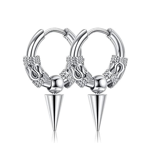 Picture of Stainless Steel Punk Hoop Earrings Silver Tone Cone Dragon 14mm x 2.5mm, Post/ Wire Size: (18 gauge), 1 Pair