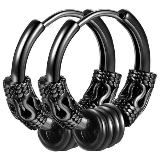 Picture of Stainless Steel Punk Hoop Earrings Black Circle Ring Dragon 14mm x 2.5mm, Post/ Wire Size: (18 gauge), 1 Pair