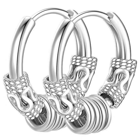 Picture of Stainless Steel Punk Hoop Earrings Silver Tone Circle Ring Dragon 14mm x 2.5mm, Post/ Wire Size: (18 gauge), 1 Pair