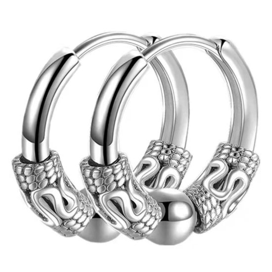 Picture of Stainless Steel Punk Hoop Earrings Silver Tone Ball Dragon 14mm x 2.5mm, Post/ Wire Size: (18 gauge), 1 Pair