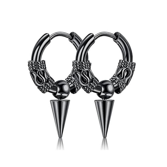 Picture of Stainless Steel Punk Hoop Earrings Black Cone Dragon 14mm x 2.5mm, Post/ Wire Size: (18 gauge), 1 Pair