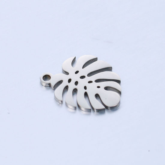 Picture of 304 Stainless Steel Charms Silver Tone Leaf Monstera Leaf Hollow 15.5mm x 12.5mm, 5 PCs