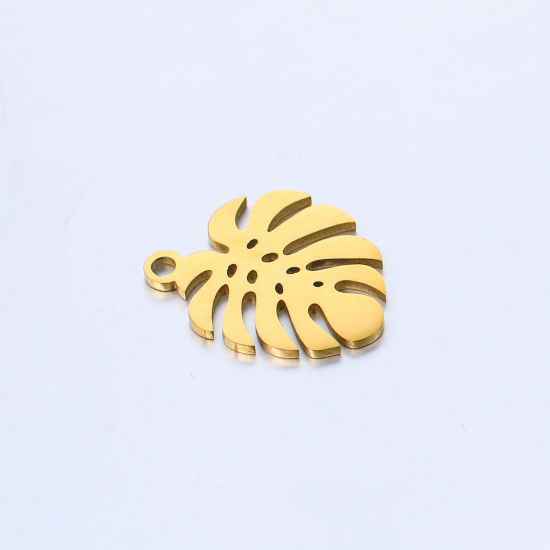Picture of 304 Stainless Steel Charms Gold Plated Leaf Monstera Leaf Hollow 15.5mm x 12.5mm, 5 PCs