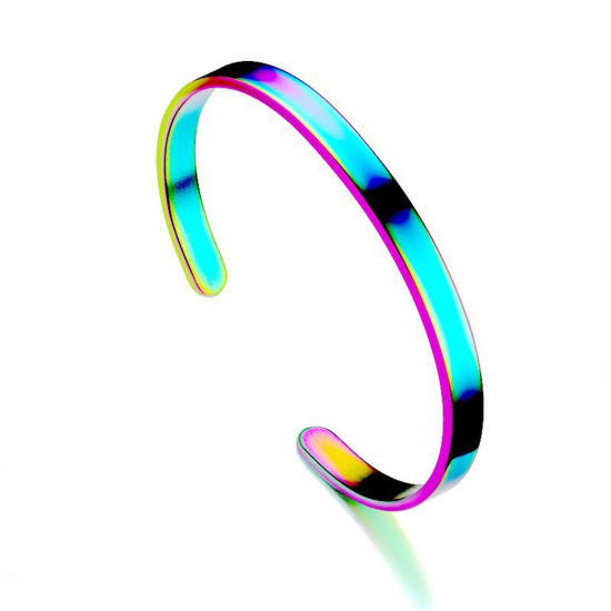 Bild von 304 Edelstahl Leere Stempeletiketten Offen Manschette Armreife Armband C-Form Regenbogenfarbe Plattiert Spiegelpolieren Zwei Seiten 6mm, 6cm D., 1 Stück
