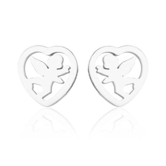 Picture of Stainless Steel Stylish Ear Post Stud Earrings Silver Tone Heart Angel Hollow 10mm x 9mm, Post/ Wire Size: (18 gauge), 4 Pairs