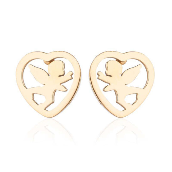 Picture of Stainless Steel Stylish Ear Post Stud Earrings Gold Plated Heart Angel Hollow 10mm x 9mm, Post/ Wire Size: (18 gauge), 4 Pairs