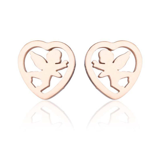 Picture of Stainless Steel Stylish Ear Post Stud Earrings Rose Gold Heart Angel Hollow 10mm x 9mm, Post/ Wire Size: (18 gauge), 4 Pairs