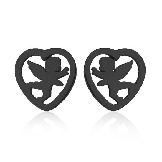 Picture of Stainless Steel Stylish Ear Post Stud Earrings Black Heart Angel Hollow 10mm x 9mm, Post/ Wire Size: (18 gauge), 4 Pairs