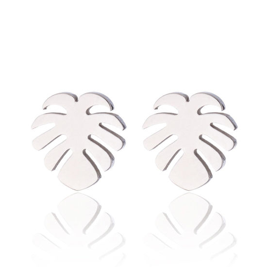 Picture of Stainless Steel Stylish Ear Post Stud Earrings Silver Tone Monstera Leaf 10mm x 9mm, Post/ Wire Size: (18 gauge), 4 Pairs