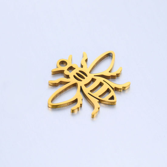 Imagen de 304 Acero Inoxidable Insecto Colgantes Charms Abejas Chapado en Oro Hueco 18.5mm x 15mm, 5 Unidades