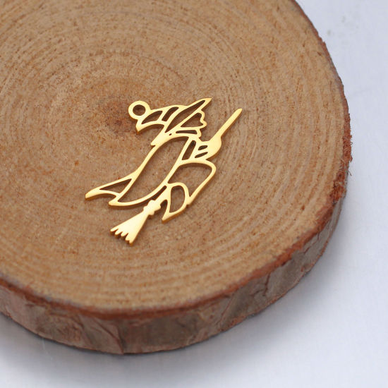 Изображение 304 Нержавеющая Сталь Подвески Морское Траление Позолоченный Хэллоуин Ведьма ажурная резьба 18.5мм x 15мм, 5 ШТ