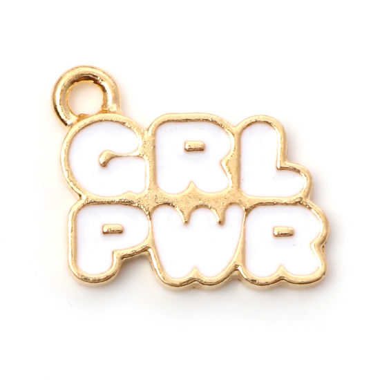 Imagen de Zamak Colgantes Charms Chapado en Oro Blanco Mensaje " GRL PWR " Esmalte 18mm x 15mm, 10 Unidades