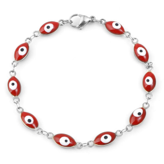 Picture of 304 Stainless Steel Religious Bracelets Silver Tone Red Evil Eye Enamel 18.5cm(7 2/8") long, 1 Piece