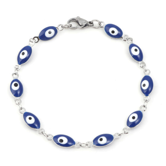 Picture of 304 Stainless Steel Religious Bracelets Silver Tone Dark Blue Evil Eye Enamel 18.5cm(7 2/8") long, 1 Piece