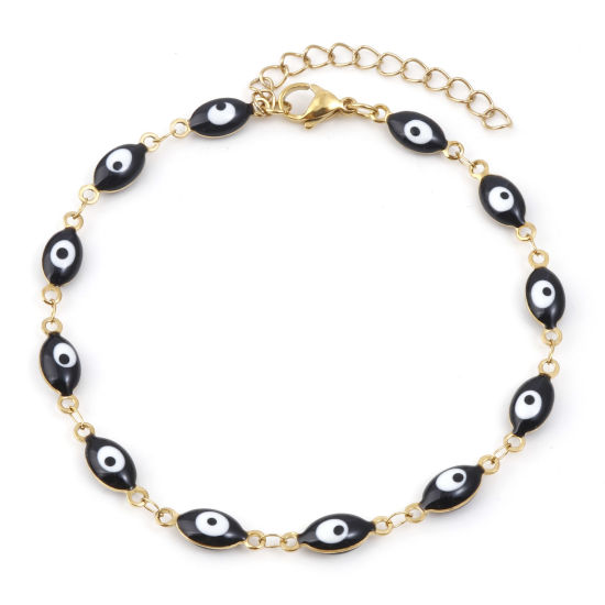 Picture of 1 Piece Vacuum Plating 304 Stainless Steel Religious Anklet Gold Plated Black Enamel Evil Eye 22cm(8 5/8") long