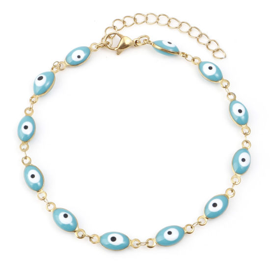 Picture of 1 Piece Vacuum Plating 304 Stainless Steel Religious Anklet Gold Plated Green Blue Enamel Evil Eye 22cm(8 5/8") long