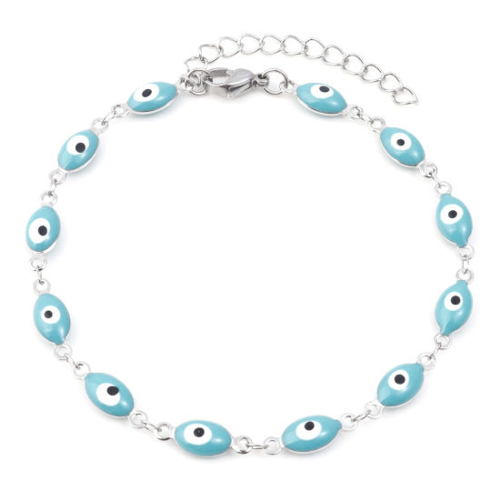 Изображение 304 Нержавеющая Сталь религия Ножные Браслеты Серебряный Тон Сине-зеленые С Эмалью Злой Глаз 22см длина, 1 ШТ