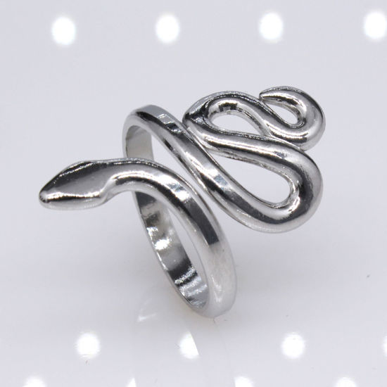 Picture of Stainless Steel Punk Open Adjustable Rings Silver Tone Snake Animal 17.3mm(US Size 7), 2 PCs