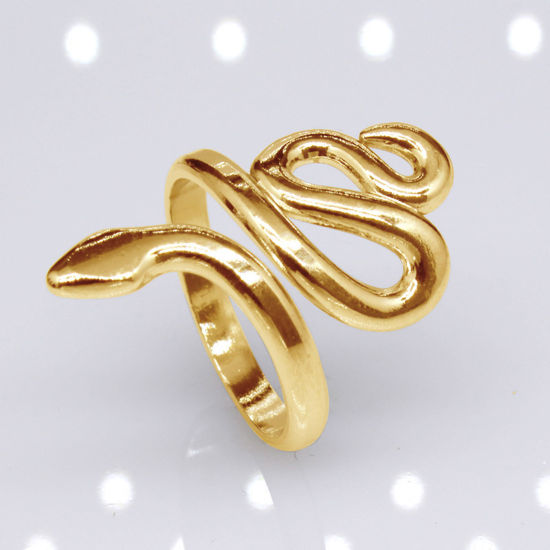Picture of Stainless Steel Punk Open Adjustable Rings Gold Plated Snake Animal 17.3mm(US Size 7), 2 PCs