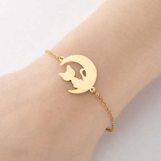 Bild von Edelstahl Haustier Silhouette Armband Vergoldet Halbmond Katze 13.5cm lang, 1 Strang