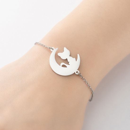 Bild von Edelstahl Haustier Silhouette Armband Silberfarbe Halbmond Katze 13.5cm lang, 1 Strang