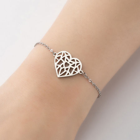 Bild von Edelstahl Valentinstag Armband Silberfarbe Herz Hohl 13.5cm lang, 1 Strang