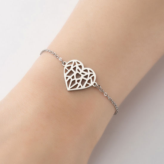 Image de Bracelets La Saint Valentin en Acier Inoxydable Argent Mat Cœur Creux 13.5cm long, 1 Pièce