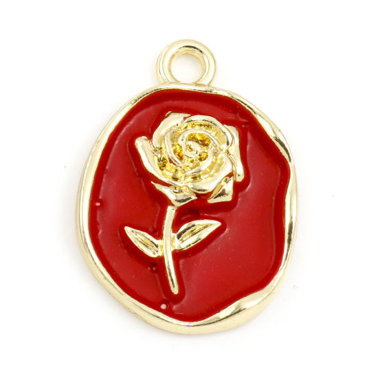 Imagen de Zamak día de San Valentín Colgantes Charms Óvalo Chapado en Oro Rojo Rosa Pintura 23mm x 17mm, 5 Unidades