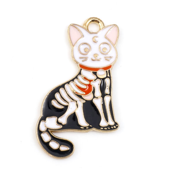 Bild von Zinklegierung Halloween Charms Katze Vergoldet Bunt Skelett Schädel Emaille 28mm x 17mm, 5 Stück
