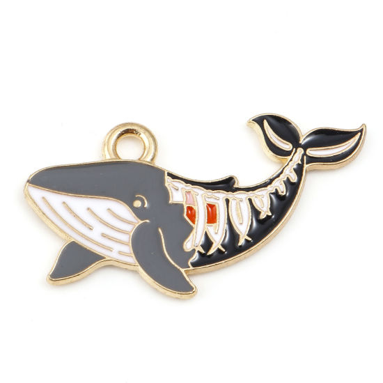 Bild von Zinklegierung Halloween Charms Wal Vergoldet Bunt Skelett Schädel Emaille 28mm x 16mm, 5 Stück