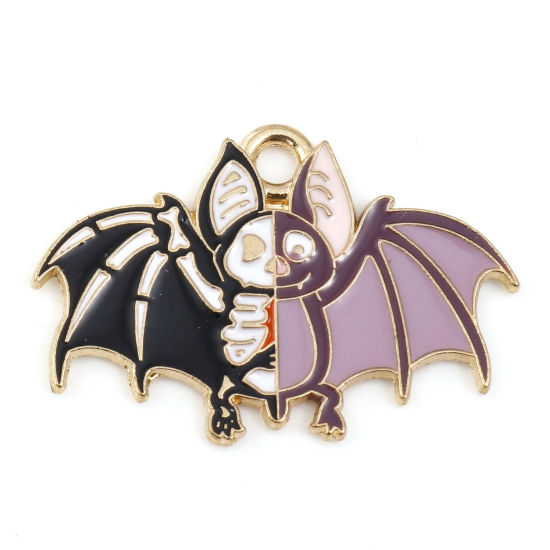 Bild von Zinklegierung Halloween Charms Halloween Fledermaus Vergoldet Bunt Skelett Schädel Emaille 26mm x 18mm, 5 Stück