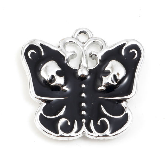Immagine di Lega di Zinco Halloween Charms Farfalla Tono Argento Nero Scheletro Smalto 23mm x 23mm , 5 Pz