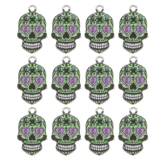 Picture of Zinc Based Alloy Halloween Charms Silver Tone Light Green Sugar Skull Enamel 23mm x 15mm, 10 PCs